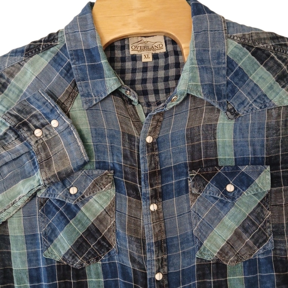 Overland Livingston Cotton Plaid Turqoiuse/Blue Pearl Snap Western Shirt XL‎
